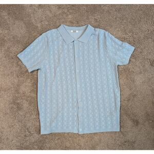 Coofandy Cable Knit Blue Rayon Viscose Shortsleeve Button Down Vtg Polo Crochet